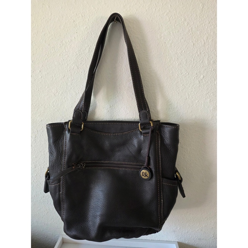 The Sak Dark Brown Pebbled Leather Shoulder Bag Tote Brass Hardware Stitch